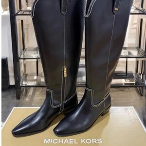 Michael Kors Black Leather Boots with Gold Details
